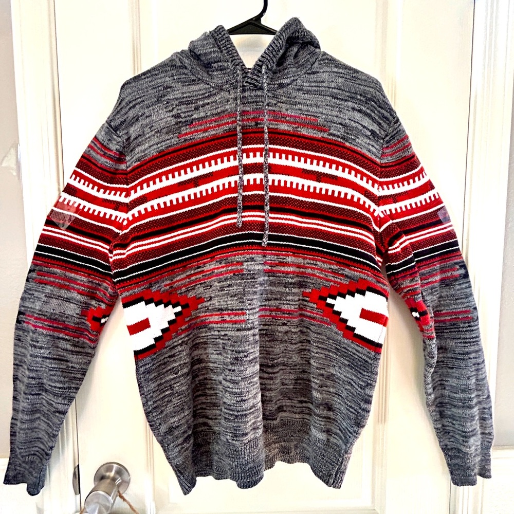 MENS SUN + STONE HOODED AZTEC DESIGN SWEATER